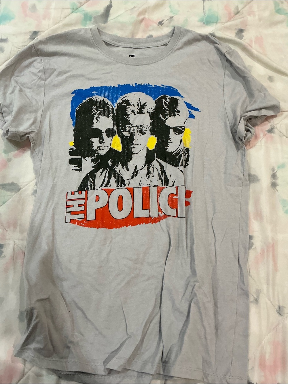 Police Short Sleeve Graphic Tee in Light Gray with Blue, Red & Yellow Print